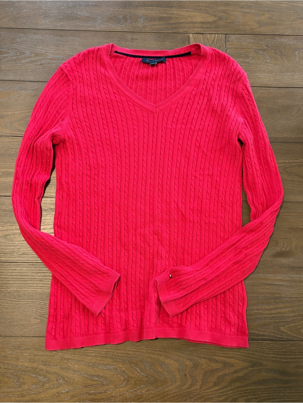 Tommy Hilfiger V-Neck Cable Knit Sweater - Bright Pink